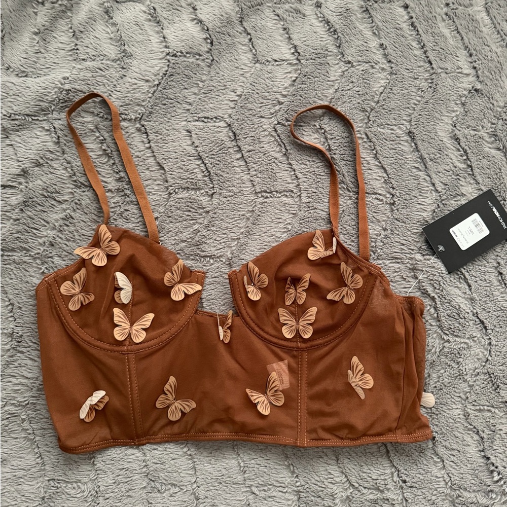Brown Butterfly Embellished Bustier Top